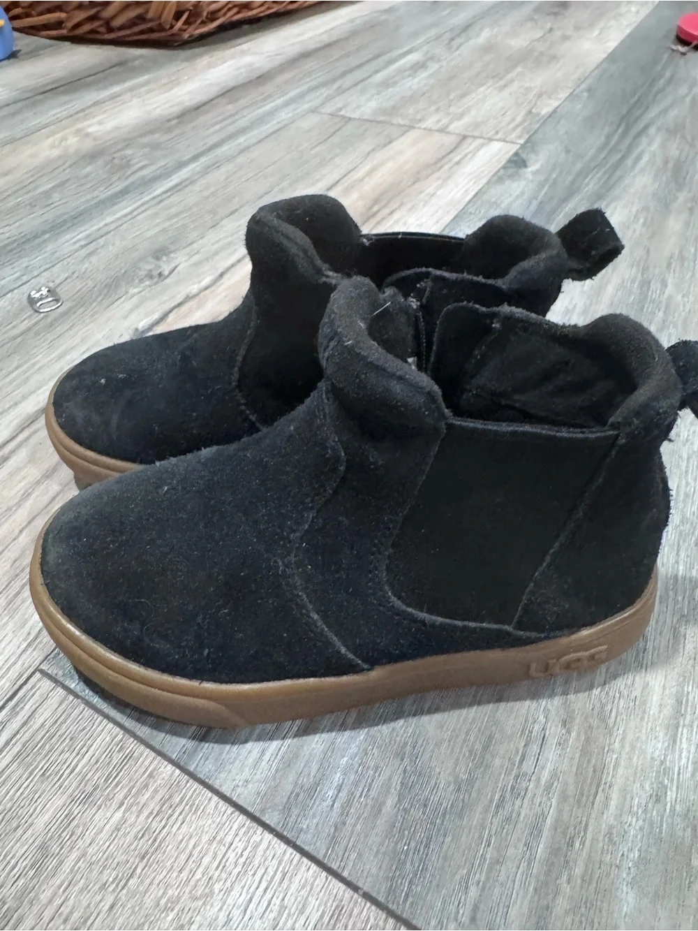 UGG Kids Black Suede Ankle Boots with Brown Rubber Sole